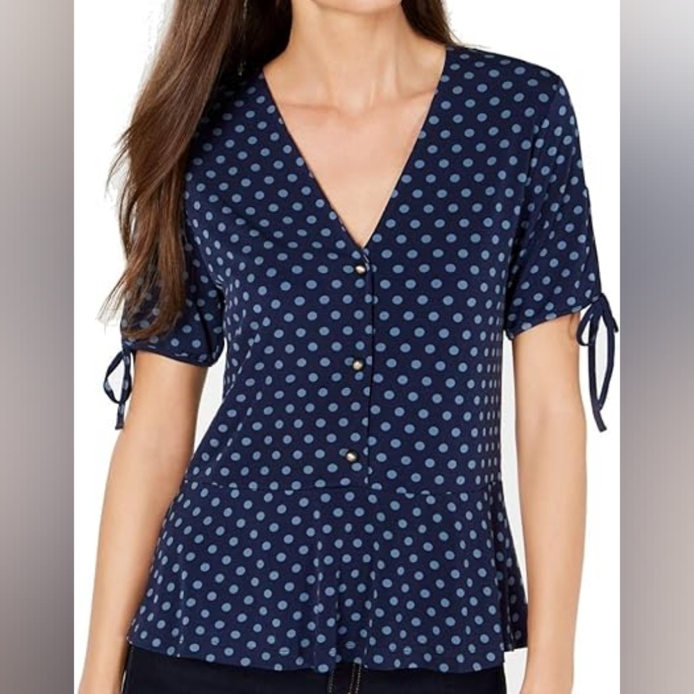 Michael Michael Kors Polka Dot Button Up Tie Sleeve Peplum Top Small